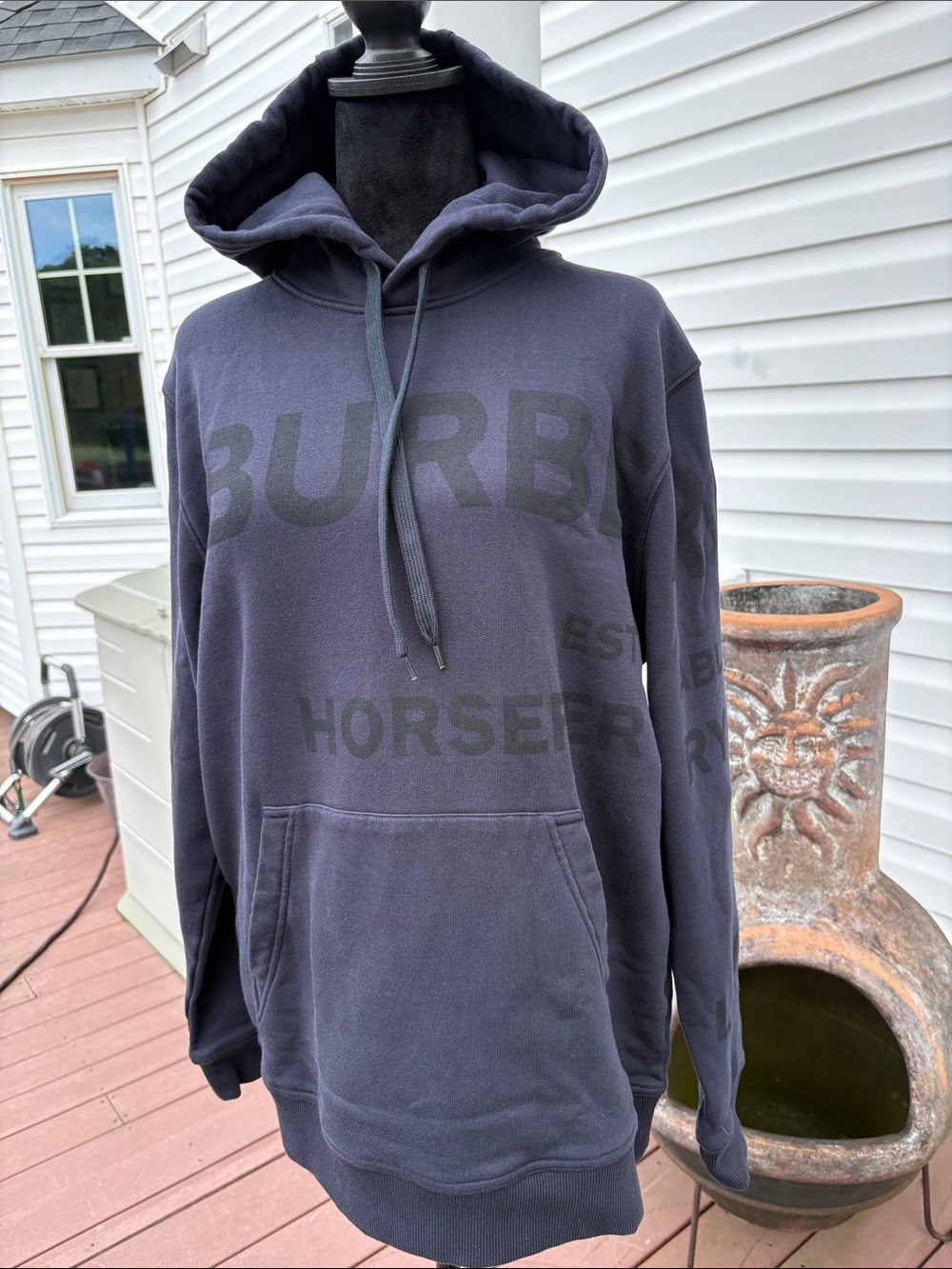 Burberry Dark Navy Logo Graphic Hoodie Medium Unisex